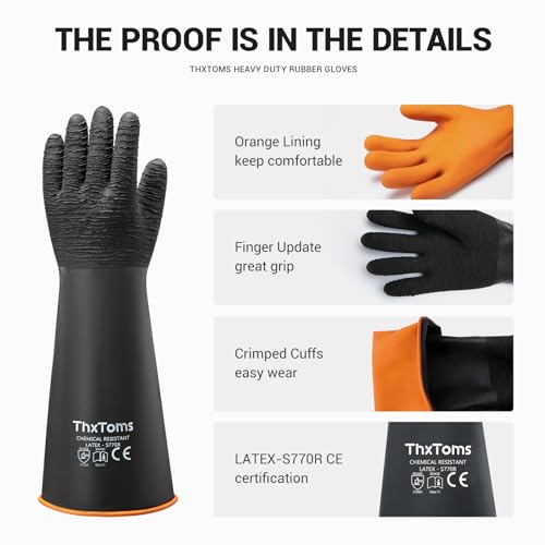 ThxToms Heavy Duty Rubber Gloves, Industrial Chemical Resistant Gloves Waterproof Reusable Protective Work Gloves for Cleaning, Dishwashing,Upgraded with Non-Slip Design, Black, 14" 1 Pair - color: 14"