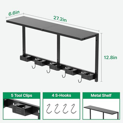 CCCEI Broom and Mop Wall Mount with Shelf, Laundry Room Cleaning Tools Organization Hanging Rack with Hooks, Bathroom, Garage, Garden Organizers and Storage. All Metal, Black, 2 Pack.