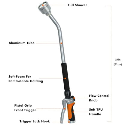 RESTMO Long Watering Wand, 24 Inches Gentle Soft Full Shower Sprayer Wand with Flow Control, Heavy Duty Metal Hose Wand for Hanging Baskets, Shrubs, Plants, Flowers, Garden and Lawn, Orange - color: Orange