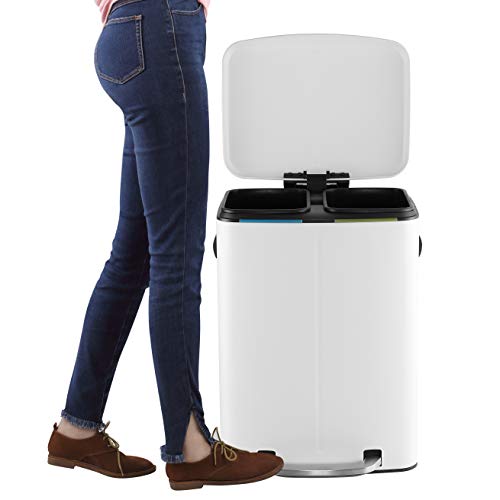 happimess HPM1005C Marco Rectangular 10.6-Gallon Double Bucket Trash Can with Soft-Close Lid, White, Fingerprint Resistant, Modern, Minimalistic for Home, Kitchen, Office, Bedroom, Bathroom - color: White