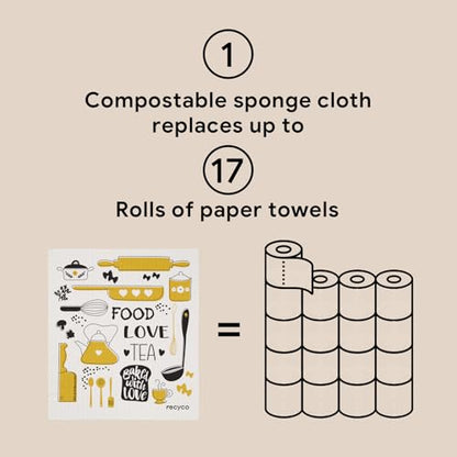 RECYCO Swedish Dishcloths for Kitchen | 6 Pack Kitchens Love Washable Dish Rags | Cellulose Reusable Cleaning Paper Towels | Absorbent Counter Dish Cloth Sponge Kitchen Wipes, 8" L x 7" W - color: Kitchen Love - 6 Pack