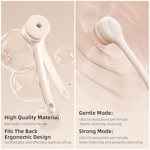 Electric Body Brush Back Scrubber for Shower, Waterproof Long Dual Handle Body Scrubber with 3 Heads, Bath Brush & 2 Speeds, for Cleansing, Exfoliating and Massaging Skin, Chrysanth Pink