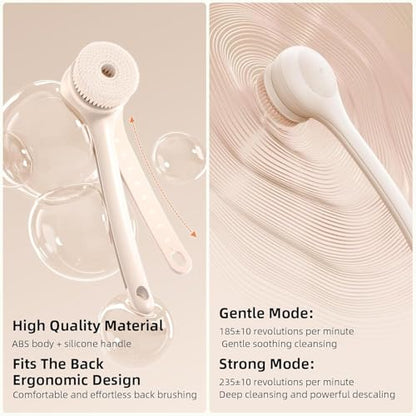 Electric Body Brush Back Scrubber for Shower, Waterproof Long Dual Handle Body Scrubber with 3 Heads, Bath Brush & 2 Speeds, for Cleansing, Exfoliating and Massaging Skin, Chrysanth Pink