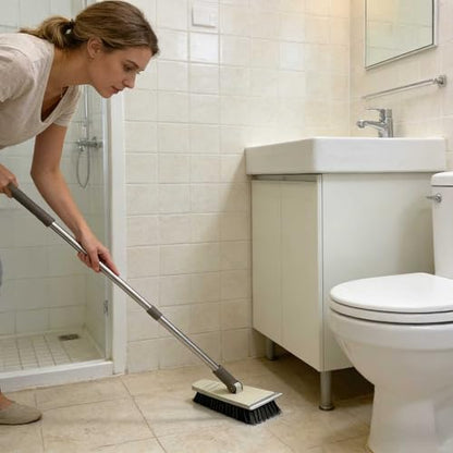 Tub Tile Scrubber Brush 2 in 1 Cleaning Brush 33.46 Inch, Adjustable Telescopic Pole Stiff Bristles Scouring Pads for Cleaning Bathroom Kitchen Toilet Wall Tub Tile Sink Non Scratch (Khaki) - color: Khaki