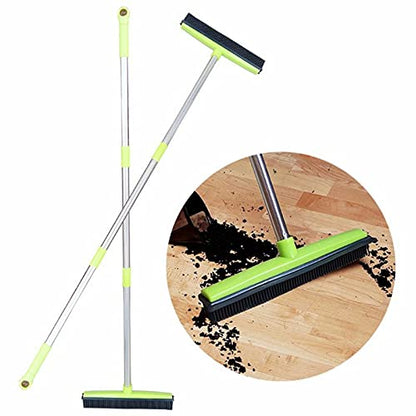 ASkinds Carpet Hair Removal Broom with Squeegee, Rubber Floor Broom, Adjustable Long Handle 49" Length for Pet Cat Dog Hair, Carpet Hardwood Tile Windows Clean, Water Resistant, Green