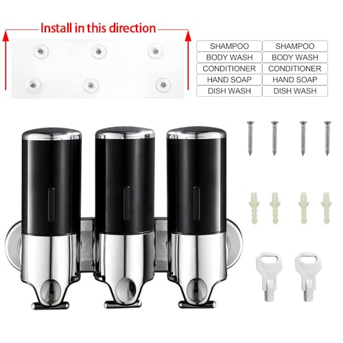 No-Drill 3 Pack 500ml Wall Mounted Soap Dispenser for Bathroom and Kitchen, Shampoo and Conditioner Dispenser Drill Free with Adhesive(Round-Black) - color: Black-1