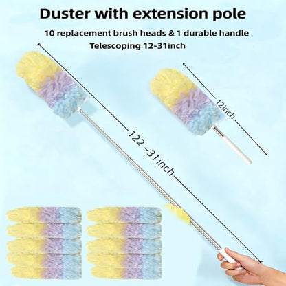 Heavy Duty Duster Refills, Disposable Dusters Kit for Cleaning Dusting Furniture Blind Ceiling Fan, Multi Surface 360 Feather Duster(10)+3FT Extended Handle（1） (Colorful) - color: Colorful