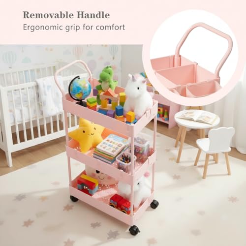 danpinera Slim Storage Cart, 3 Tier Narrow Rolling Cart on Wheels Bathroom Organizer with Dividers Handle Hanging Cups Hooks for Laundry Room Kitchen Small Spaces, Pink - style: 3 Tier Pink