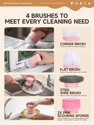 Pink Electric Spin Scrubber, Cordless Handheld Dish Scrubber Brush for Kitchen & Bathroom, Power Scrubber for Cleaning Sink, Grout, Shower, Aesthetic Pink Kitchen Accessories & Supplies