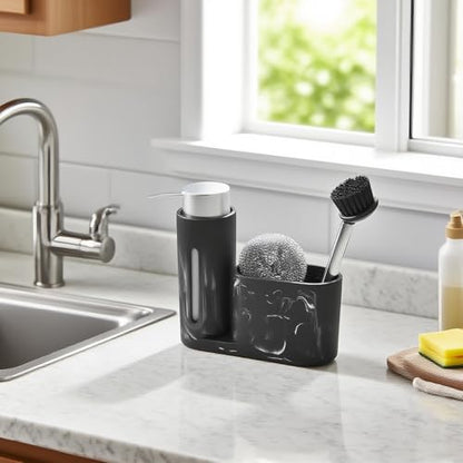Kitchen Soap Dispenser Set 3 in 1, Dish Soap Dispenser with Sponge Holder, Dish Brush & Brush Holder, Kitchen Sink Caddy Organizer for Countertop, Rustproof（Black） - color: Black