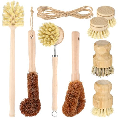 9pcs Bamboo Dish Brush Set Wooden Dish Brush with 14’’ Bottle Brush Natural Kitchen Scrub Brush Dish Scrubber for Kitchen Cleaning Dishes Pans Bottles Sink Vegetables Household
