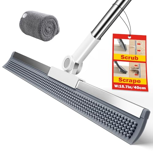 Floor Squeegee for Concrete Floors, 180° Rotating Silicone Broom, Squeegee for Floor with Long Handle and Dual-Sided Blade Design, Water and Pet Hair Remover for Bathroom Floors, Tile, Deck and Glass - size: 16in | 3-Section Telescopic (54in) | 1 Pad