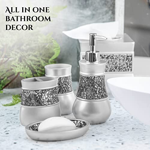 Creative Scents Crackled Glass Silver Bathroom Accessories Set Complete - 6 Piece Bathroom Accessory Set Includes: Trash Can, Tissue Box Cover, Soap Dispenser, Toothbrush Holder, Soap Dish & Tumbler - style: 6 Pc Set 01