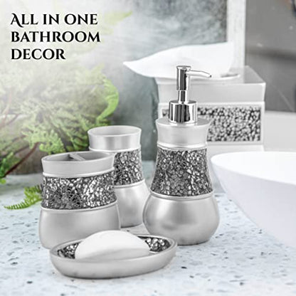 Creative Scents Crackled Glass Silver Bathroom Accessories Set Complete - 6 Piece Bathroom Accessory Set Includes: Trash Can, Tissue Box Cover, Soap Dispenser, Toothbrush Holder, Soap Dish & Tumbler - style: 6 Pc Set 01