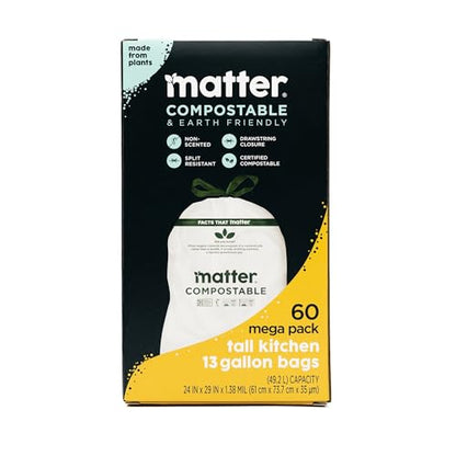 Matter Compostable 13 Gallon Tall Kitchen Trash Bags with Drawstring, Eco-Friendly, Unscented, Durable, Leak-Resistant, 60 Count - style: 13 Gallon Single Pack