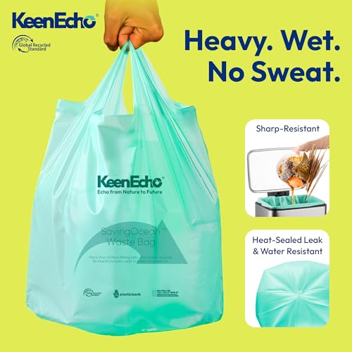 13 Gallon 20 Counts Small Green Trash Bags with Handle, Ocean Fishing Nets Upcycling, Sage & Sea Salt Scented, Plastic Garbage Bags, Waste Bag for Bathroom, Kitchen, Office and Pets - color: 13 Gal, size: 1 Roll