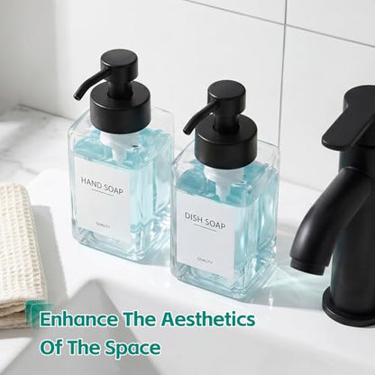 Foaming Soap Dispenser, 12oz/350ml Glass Foaming Hand Soap Dispenser Set, 2Pcs Refillable Foam Soap Dispenser With Foaming Pump, Labels, Square Foam Soap Hand Dispenser For Bathroom, Kitchen - color: Clear