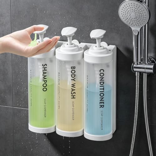 Shampoo and Conditioner Dispenser Wall Mounted, No Drill Shower Soap Dispenser with Large Pump & Key Lock, Refillable ABS Plastic Bathroom Organizer for Hotel, Gym, RV (3 Pack, White) - color: White, size: 3