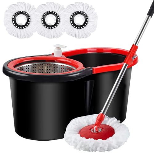 Spin Mop and Bucket with Wringer Set, 360°Rotating Head Mop Bucket System, 3 Microfiber Mop Heads for Living Room, Bedroom, Kitchen, Office (Black & Red)