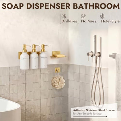 KOUCHU Shampoo and Conditioner Dispenser - Wall Mounted Shower Soap Dispenser - 17oz No-Drill Refillable Plastic Bottles with Stainless Steel Pump for Bathroom - Includes Soap Dish and Hook (Gold) - color: Gold