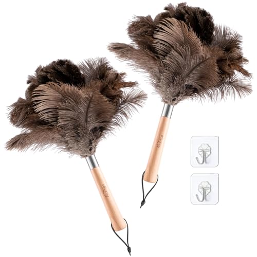 2 Pack Ostrich Feather Dusters with Wooden Handle, 13.5 inch Natural Fluffy Feather Dusters for Dusting Home, Car, Delicate Surfaces, Reusable Soft Cleaning Tools for Ledges, Blinds - color: 13.5in-brown