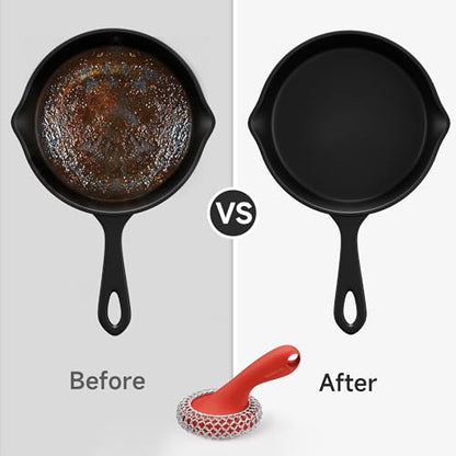 SUBEKYU Cast Iron Scrubber with Silicone Handle, Stainless Steel Skillet Cleaner for Cast Iron Pans (Red Scrubber + Scraper) - color: Red Scrubber + Scraper
