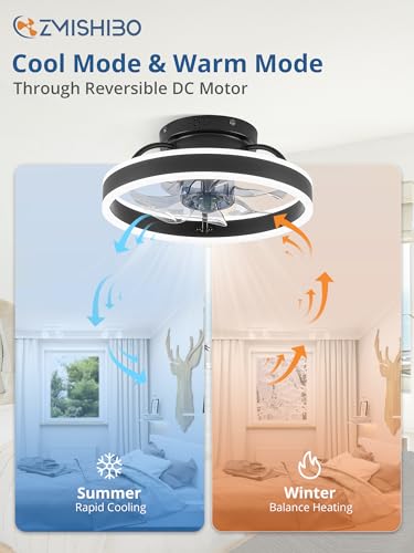 ZMISHIBO Low Profile Ceiling Fans with Lights and Remote, 13 Inch Fandelier Ceiling Fan with Light, Black Modern Flush Mount Ceiling Fan, Small Dimmable LED Fan Lights for Bedroom - color: Black, size: 13 INCH
