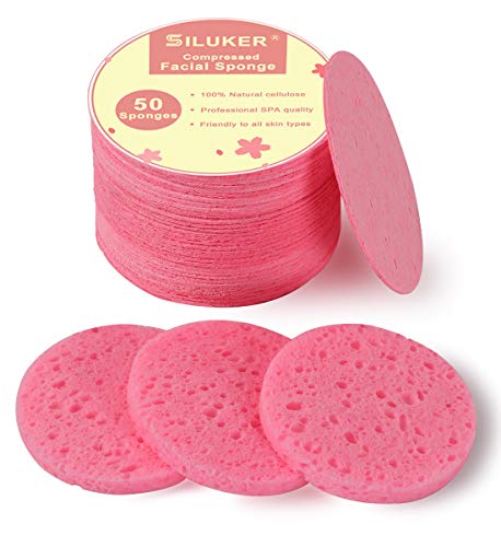 50-Count Compressed Facial Sponges for Daily Cleansing and Gentle Exfoliating, 100% Natural Cellulose Spa Sponge Perfect for Removing Dead Skin, Dirt and Makeup - color: Pink