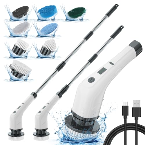 APLUSH Electric Spin Scrubber,Cordless Shower Cleaning Brush with 7 Replaceable Brush Heads, Adjustable 2 Speeds Extension Handle Power Cleaning Brush for Tub Tile Floor Car,White - color: White