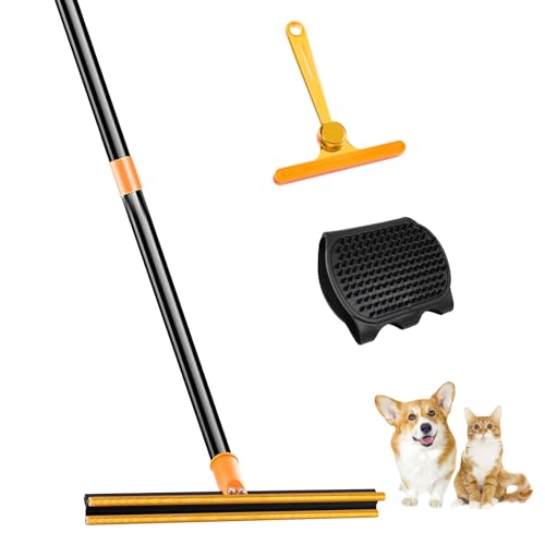 3 in 1 Carpet Rake for Pet Hair Removal Tool, 51” Adjustable Long Handle Pet Hair Removal Broom, Pet Grooming Brush, Cat Dog Hair Remover Carpet Scraper for Rugs, Mats - color: Orange-Black