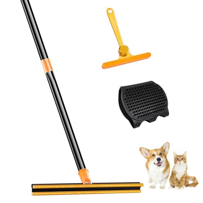 3 in 1 Carpet Rake for Pet Hair Removal Tool, 51” Adjustable Long Handle Pet Hair Removal Broom, Pet Grooming Brush, Cat Dog Hair Remover Carpet Scraper for Rugs, Mats - color: Orange-Black