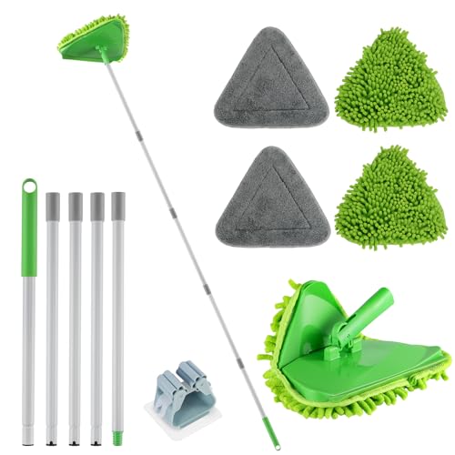 Wall Cleaner Triangle Mop with 82'' Long Handle - Wall Scrubber, Cleaning Washer Tool with 4 Microfiber Chenille Duster Pads for Clean Walls, Ceiling, Windows, Baseboards, Floors (Green, 4 Pads) - color: Green, size: 4 Pads