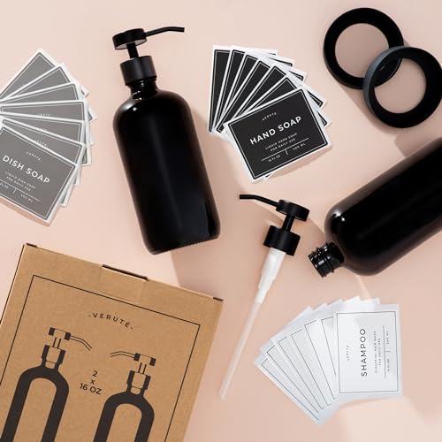 Hand and Dish Soap Dispenser for Kitchen and Bathroom, Set of 2 16 Oz Glass Bottles, Stainless Steel Pumps, Non-Slip Silicone Base, 27 Waterproof Labels (Gloss Black Bottle/Black Pump) - color: Gloss Black Bottle / Black Pump