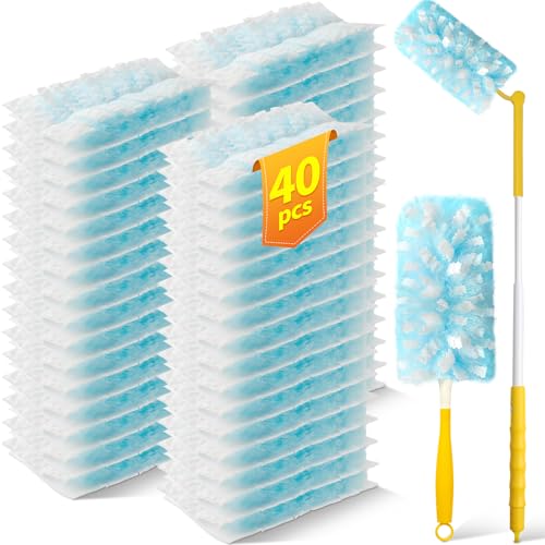 40 Count Duster Refills with 1 Short Handle & 3 ft Extendable Handle, Compatible with Swiffer Duster, 180° Disposable Microfiber Cleaning Dusters, Unscented - style: 40 Refills + 2 Handle