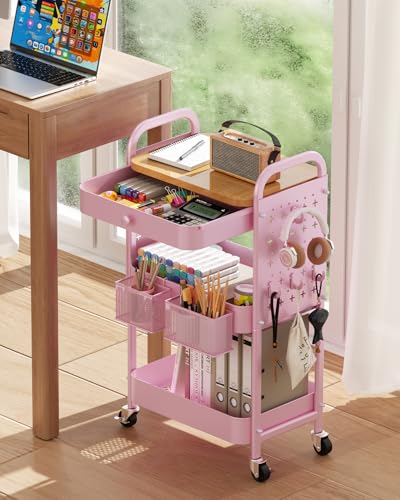 ALVOROG Rolling Cart with Drawer and Wood Table Top, 3 Tier Metal Rolling Utility Cart on Wheels with DIY Pegboards, Hanging Baskets,Hooks for Kitchen, Bedroom, Office, Craft Supplies - color: Cherry Blossom Pink