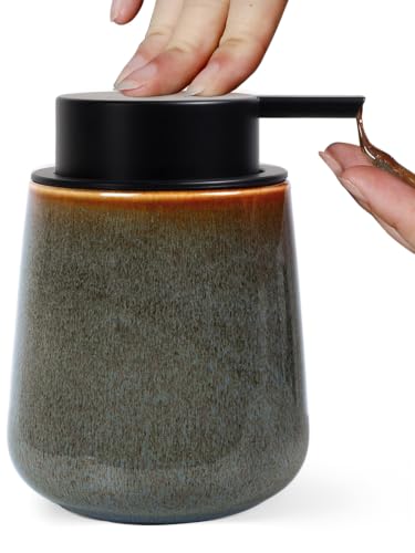 INGOFIN Ceramic Lotion Dispenser - 12 oz Refillable Hand Soap Dispenser Bathroom, Modern Liquid Dispenser with Pump, Dish Soap Dispenser for Kitchen,Kiln-Glazed Green - color: Kiln-glazed Green-liquid