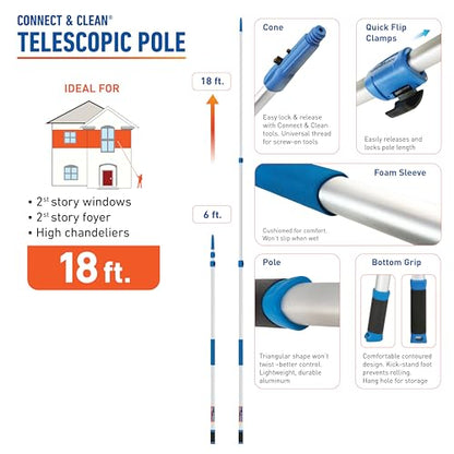 Unger Professional Connect & Clean 6 - 18 Foot Telescoping Extension Multi-Purpose Pole with Quick-Flip Clamp, Window Cleaning, Dusting, Silver - size: 6 - 18 Foot