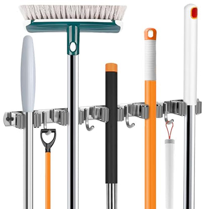 UNIFUN Broom Holder Wall Mount - Heavy Duty Stainless Steel Mop and Broom Organizer with 5 Racks 4 Hooks - Space Saving Storage for Kitchen Garage Garden - Easy Install Tool Hanger
