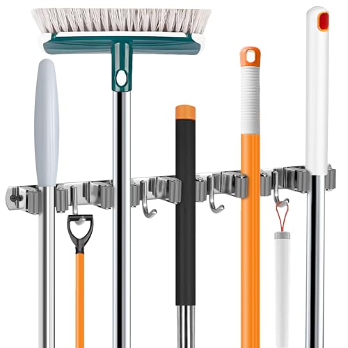 UNIFUN Broom Holder Wall Mount - Heavy Duty Stainless Steel Mop and Broom Organizer with 5 Racks 4 Hooks - Space Saving Storage for Kitchen Garage Garden - Easy Install Tool Hanger