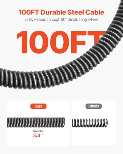VEVOR Drain Cleaner Machine 100 FT x 3/4 Inch, Auto Feed Sewer Snake Auger on Wheels, Portable Drain Cleaning Machine with 4 Cutters & Air-activated Foot Switch for 4" to 8" Pipes - style: 100 FT x 3/4''