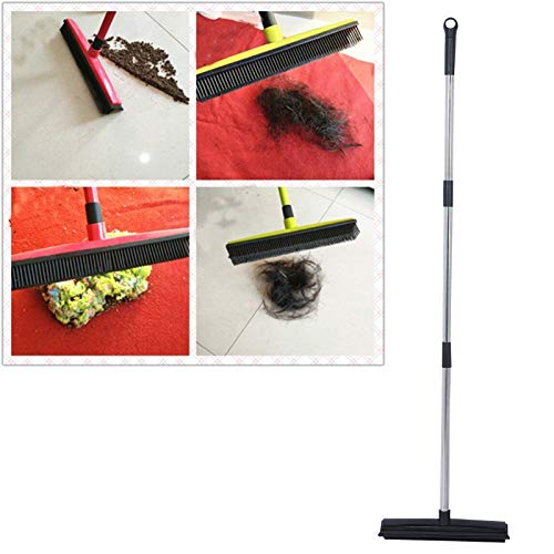 Pet Hair Removal Rubber Broom, Multifunction Telescopic Floor Carpet Broom Pet Hair Dust Removal Cleaner Sweeper Cleaning Tools with Built in Squeegee (Black) - color: Black