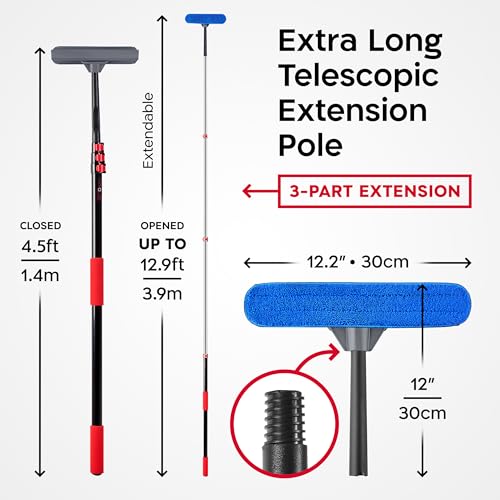 20 Feet High Reach Professional Window Squeegee with Extension Pole | 5-13ft Squeegee for Windows Cleaning | Outdoor Window Cleaner Tool, Windows Washing Kit with Extension Pole | Window Cleaning Kit - size: 12.9 feet