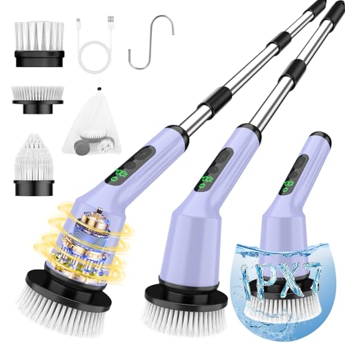 Electric Spin Scrubber for Cleaning Bathroom, Shower Scrubber Rotary Floor Brushes with IPX7 Waterproof & 2 Speed, 3 Brush Heads, Bathroom Cleaning Supplies for Shower Tub Tile Toilet Purple - color: Purple, size: 3 Brush Heads