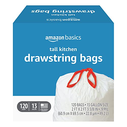Amazon Basics Tall Kitchen Drawstring Trash Bags, Sturdy and Tear Resistant, 13 Gallon, Unscented, 120 Count - size: 120 Count (Pack of 1)