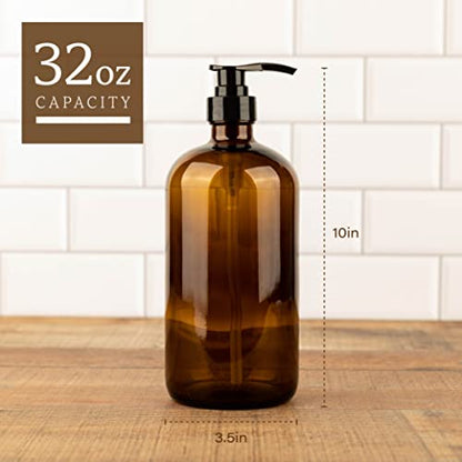 32 Ounce Glass Shampoo and Conditioner Dispenser Bottle with Pump, Shower - 1 Liter Body Wash Dispenser for Shower & Laundry Detergent Dispenser- by Kitchentoolz - Set of 2 - color: Amber, size: Pack of 2