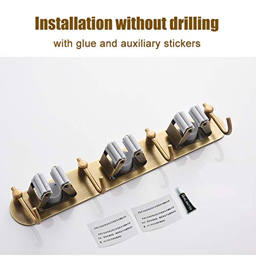 Mop Broom Holder Wall Mount Garden Tool Organizer, Brass Heavy Duty Tool Hanger with 3 Racks 4 Hooks for Kitchen Bathroom Closet Garage Office Laundry