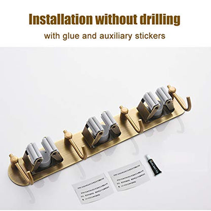Mop Broom Holder Wall Mount Garden Tool Organizer, Brass Heavy Duty Tool Hanger with 3 Racks 4 Hooks for Kitchen Bathroom Closet Garage Office Laundry