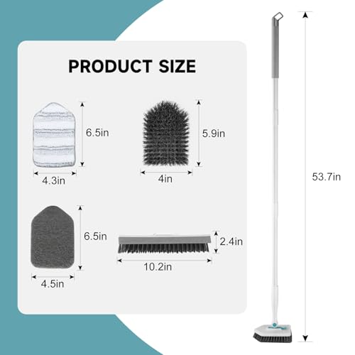 nacena Shower Scrubber with Long Handle, 4 in 1 Tile Tub Scrubber Brush with 3 Detachable Cleaning Heads and V-Shaped Grout Brush Shower Cleaner Brush for Bathroom Kitchen Toilet Tub Sink, Blue White - color: Blue White, size: 2 pads+brush