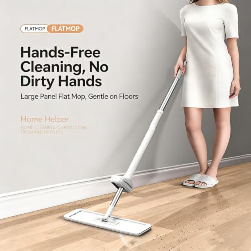 360 Hands-Free Self Wringing Floor Cleaning Mop, Flat Mop - Microfiber with 6 x Washable Pads, Hand Washing Free for Hardwood and Window, White