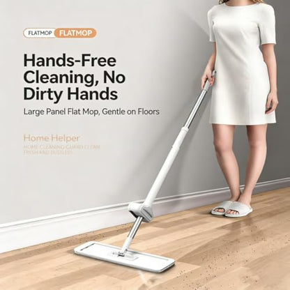 360 Hands-Free Self Wringing Floor Cleaning Mop, Flat Mop - Microfiber with 6 x Washable Pads, Hand Washing Free for Hardwood and Window, White